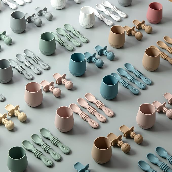 SAMiGO Silicone Baby Utensils - Self Feeding Spoons and Tiny Training Cup - First Stage Baby Led Weaning Supplies for 6 Months+ Infants - Set of 4