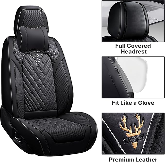 Car Seat Cover Full Set, Waterproof Leather Seat Cover,Front Auto Seat Cover, Car Seat Cushion, Full Coverage Car Seat Protector Universal Fit Most Cars (2 Seat-Headrest,Black)