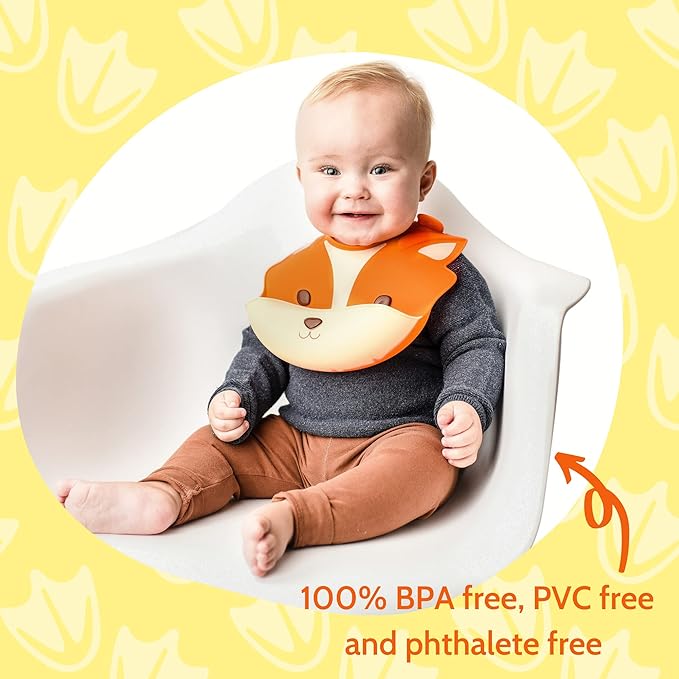 Silly Goose Silicone Animal Baby Bibs for Babies and Toddlers, Waterproof, Adjustable, Soft, Extra Wide Food Catcher Pocket (Baby Fox)