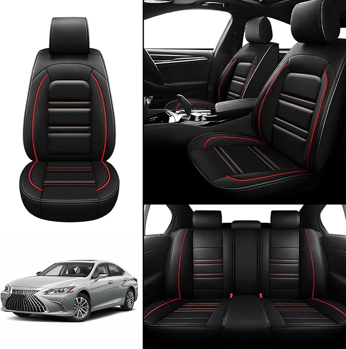 Seat Covers for Lexus Car es350 2007-2024 | 5-Seats Leather Seat Covers, Easy to Install Automotive Seat Covers Full Set (Full Set, Black&Red Line)