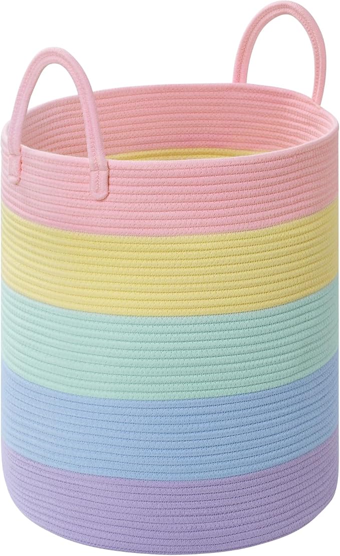 52L Rainbow Storage Basket for Organizing, 15"×18" Large Tall Laundry Baskets, Cotton Rope Woven Blanket Basket, Toy Storage for Kids, Collapsible Laundry Hamper for Living Room, Nursery Room