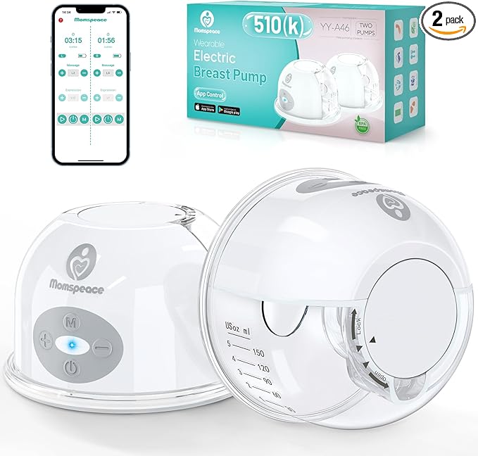 Hands Free Breast Pump, Momspeace Breast Pumps with App & Timer, Wearable Breast Milk Pump Hand Free, Wireless Portable Electric Breast Pump with 2 Modes & 12 Levels - 24mm, 2 Pack