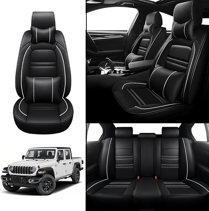 Car Seat Covers for JP Gladiator 2020-2025 | 5-Seats Seat Covers, Waterproof Seat Protectors, Automotive Seat Covers (Full Set with Pillow,Black&White Line)