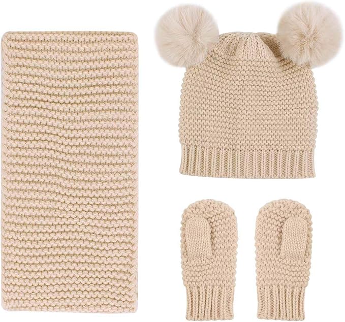 Duoyeree Baby Winter Hat Scarf Glove Beanie Set Girls Boys Pom Pom Knitted Beanie Mitten Scarves for Toddler 0-3T