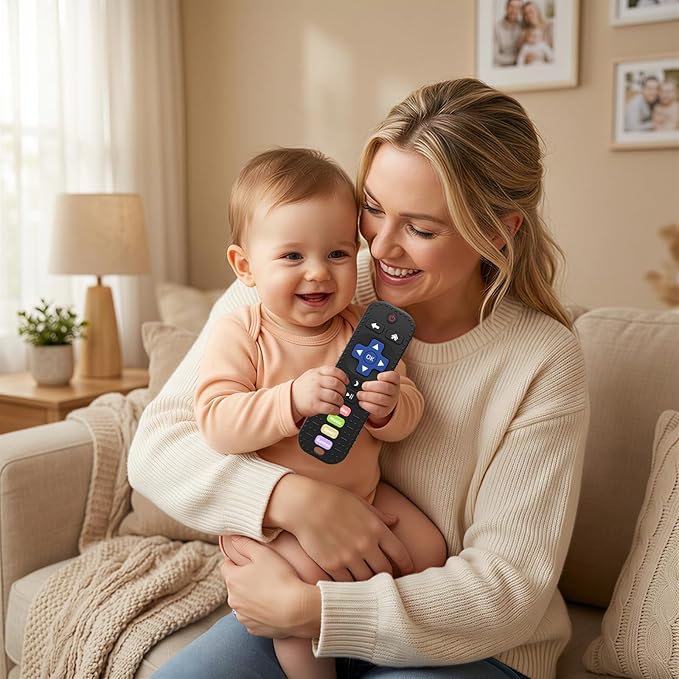 Baby Teething Toys, Remote Control Sensory Teether, Silicone Chew Toy for Teething Relief, BPA-Free Baby Remote Gift for Infants 3-6, 6-12 Months (Black)