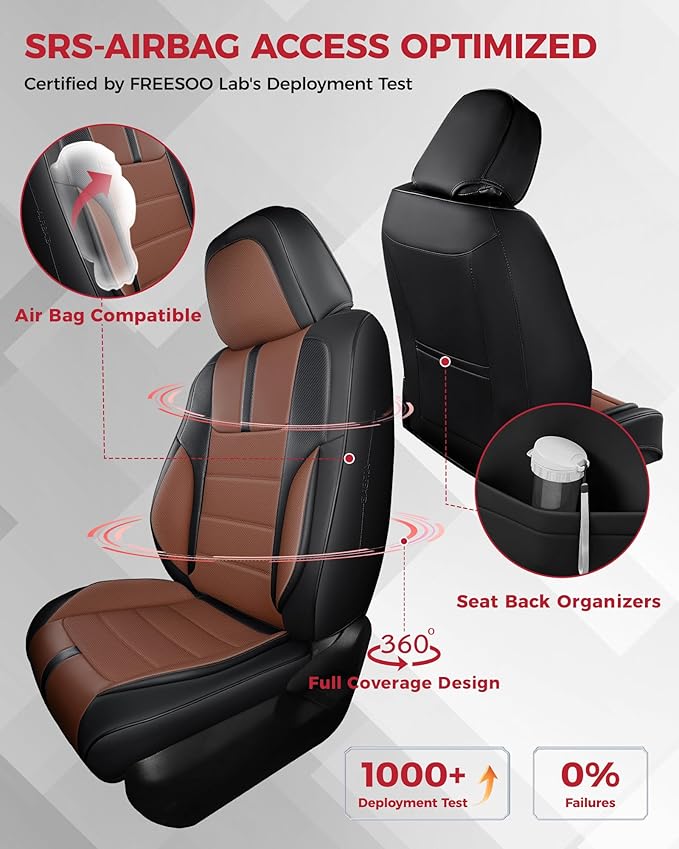 FREESOO Black Brown Car Seat Covers Full Set - Faux Nappa Leather Seat Covers for Cars, with Front Seatbelt Pads, Ultra Waterproof Cushion Protectors Fit for Most 5 Seats Sedans SUV Trucks Pick-ups