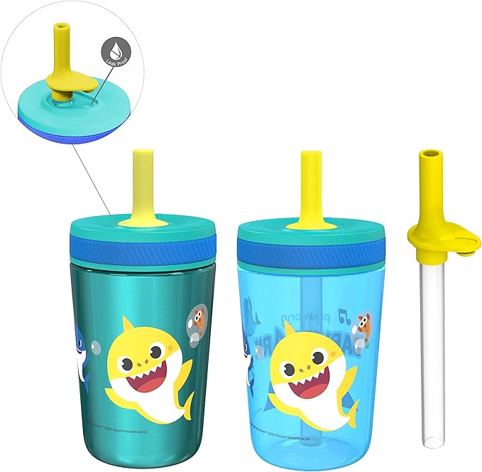 Zak Designs Baby Shark Kelso Tumbler Set, Leak-Proof Screw-On Lid with Straw, Bundle for Kids Includes Plastic and Stainless Steel Cups with Bonus Sipper (3pc Set, Non-BPA) (Pack of 12)