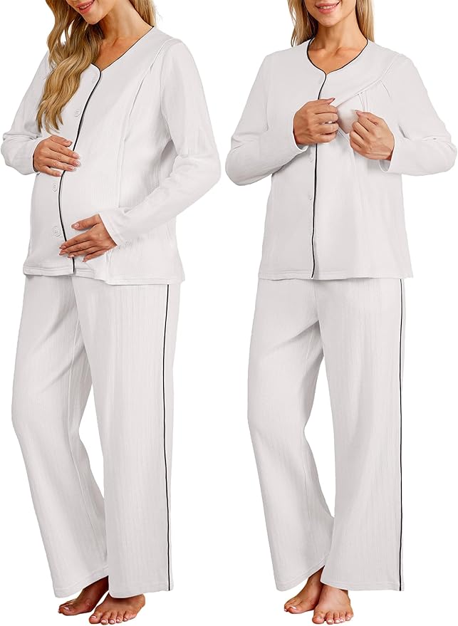 OUGES 100% Cotton Women's Maternity Nursing Pajamas Sets Button Down Breastfeeding Loungewear Top & Pants with Pockets
