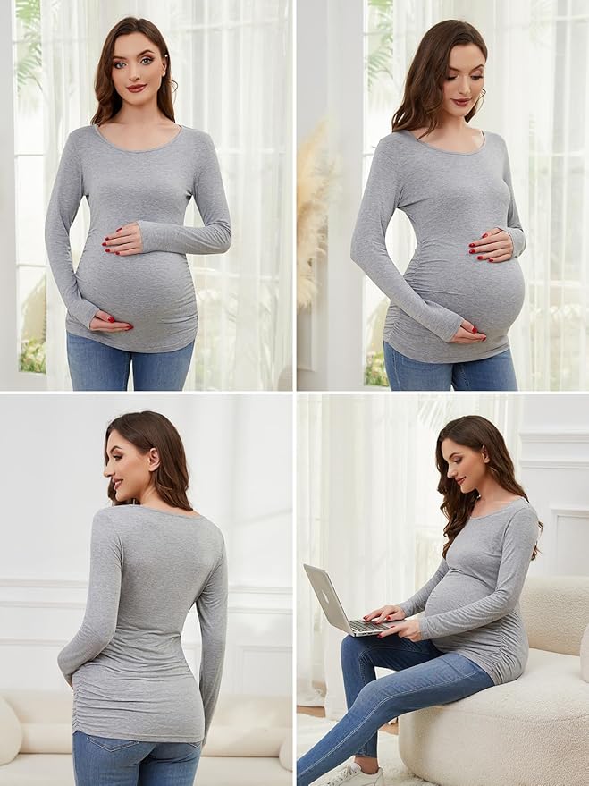 Ecavus Women's Maternity Shirts Long Sleeve Soft Stretchy Pregnancy Tops Side Ruched Casual Mama Clothes