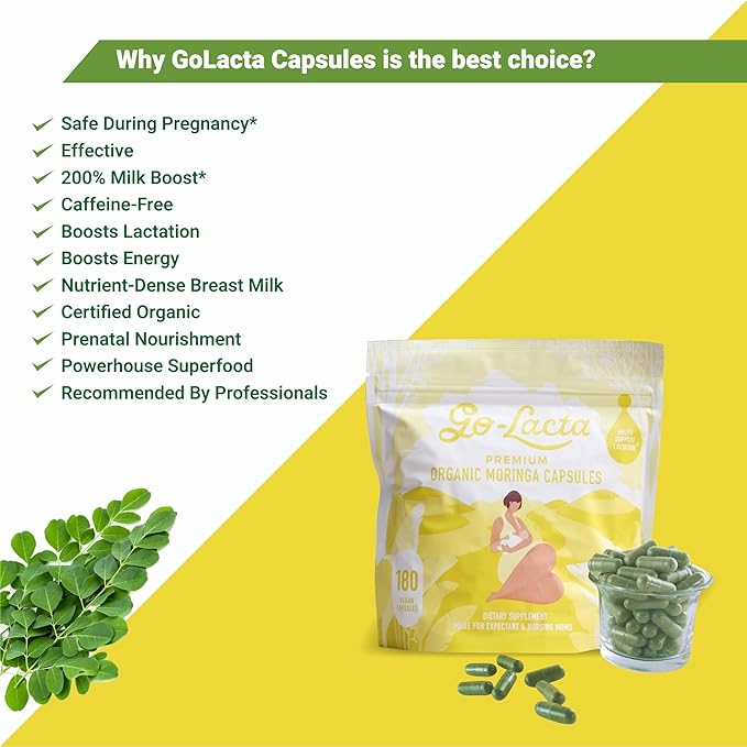 Go-Lacta 100% Organic Premium Moringa Capsules for Breastfeeding - Build Breast Milk Supply Before Birth - Healthy Breastfeeding for Mom and Baby - Increase Breast Milk Supply