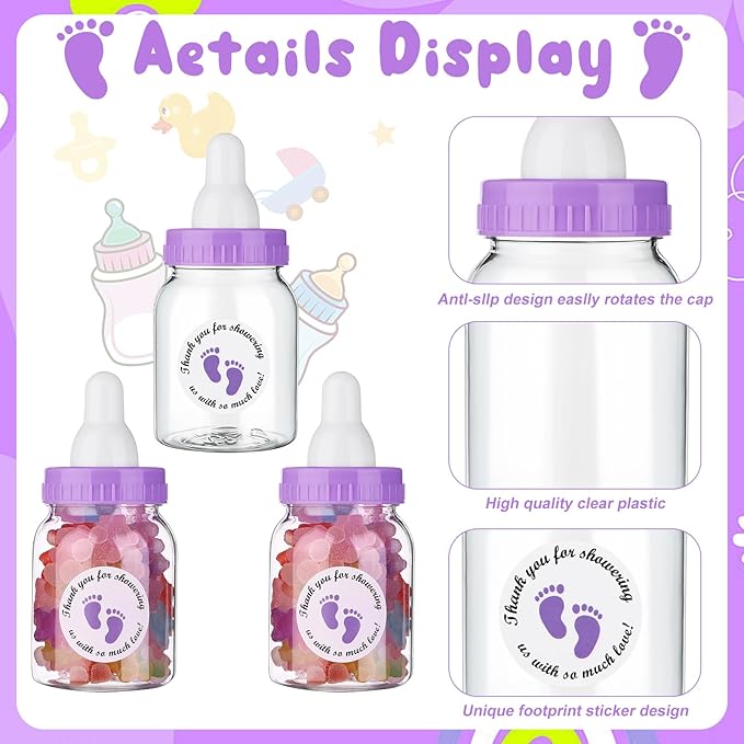 62 Pcs 3.5 Inch Baby Mini Milk Bottle Baby Shower Favor with 500 Adhesive Thank You for Showering Stickers, Small Plastic Candy Bottle DIY Gift for Boy Girl Newborn Baptism Party Decor (Purple)