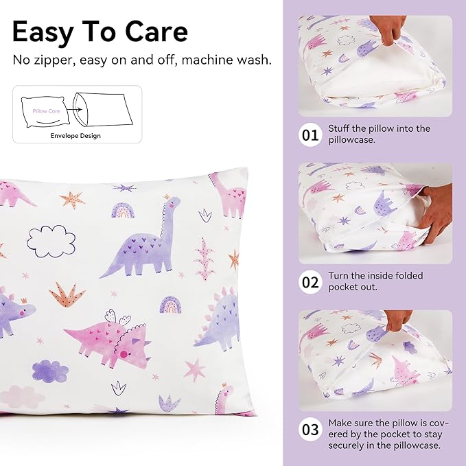 TILLYOU Toddler Pillowcases 13 x 18 Travel Pillow Case 2 Pack, Kids Pillowcases Machine Washable with Envelope Closure, Dinosaur
