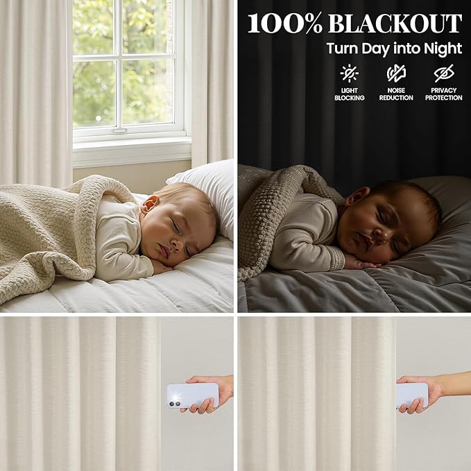 Topfinel Natural Linen Blackout Curtains with Back Tab for Tracks 96 Inch Long, Room Darkening Memory Trained Linen Drapes, Elegant Noise Cancelling Patio Door Curtains, Cream Beige,52" W*96" L