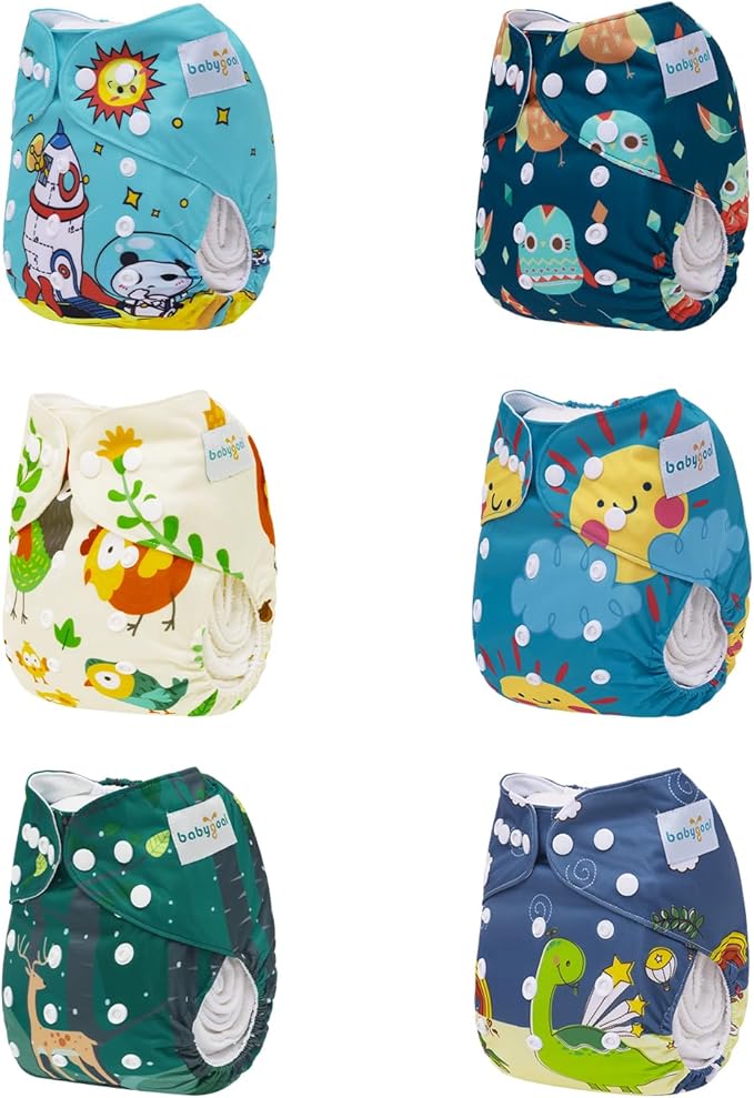 babygoal AWJ Cloth Diapers with Tummy Panel Pack of 13, 6 Diaper Cover with 6 Inserts and Wet Dry Bag, Adjustable Washable Reusable for Baby Girls and Boys