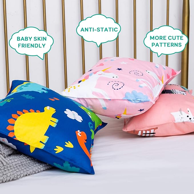Toddler Pillow with 100% Organic Cotton Pillowcase 14x19, Cottonblue Kids Bedding Pillow for Sleeping, Machine Washable, Boys Pillow and Pillow Cover for Travel, Cot, Bed Set, Blue Dinosaur