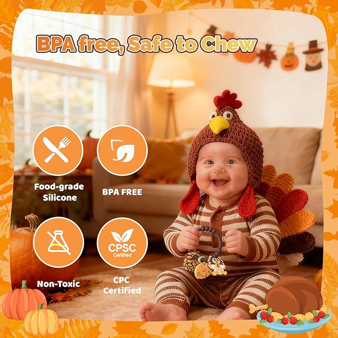 Thanksgiving Baby Teething Ring with 3pcs Teether-Soft Turkey, Pumpkin & Pine Cones Textured, Silicone Teether for 0-12months, Baby Sensory Chew Bracelet for Baby’s First Thanksgiving