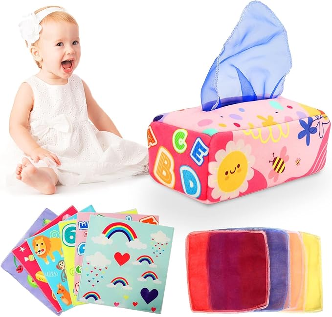 Baby Tissue Box - Montessori Toys for 6-12 Months, 1 Year Old - Soft Stuffed High Contrast Crinkle Infant Sensory Toy, Boys&Girls Toddler Early Learning Baby Gifts