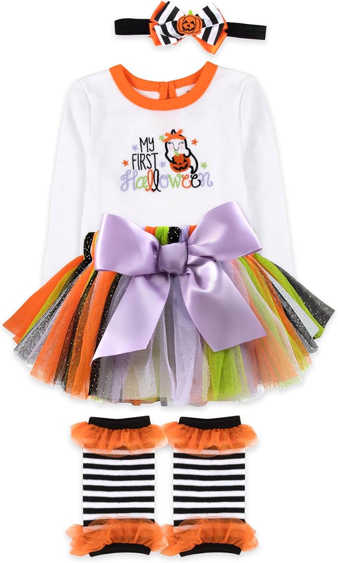 Baby Girl Holiday Outfit 4-Piece Set – Long Sleeve Bodysuit, Pants, Tutu Skirt & Headband – Halloween, Thanksgiving
