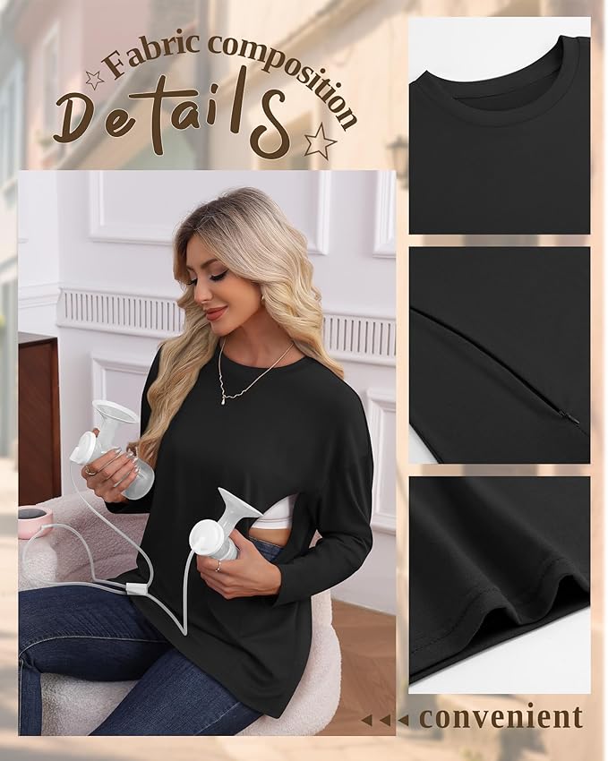 3 Pack Women's Nursing Breastfeeding Tops, Long Sleeve Maternity Shirts Oversize Hidden Zipper Pregnancy Clothes
