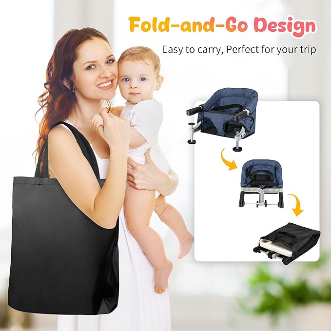 Hook On High Chair with Removable Dining Tray,Folding Portable Clip on Table High Chair,Baby Chair with Storage Bag for Indoor/Outdoor (Navy Blue)