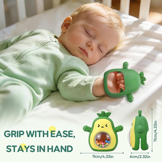 Baby Teething Toys 3-6 6-12 Months, Avocado Baby Teething Mitten with Rattle, BPA Free Silicone Infants Teether Sensory Chew Toys for Newborns, Baby Shower Gifts for Boys Girls