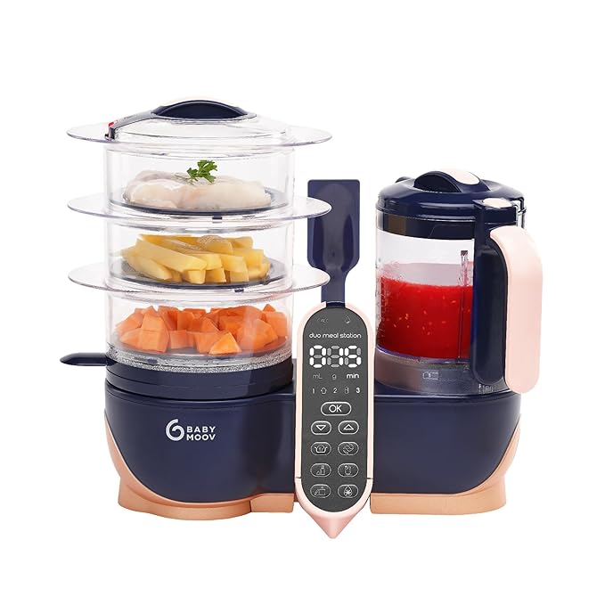 Babymoov Duo Meal Station XL, 6 in 1 Food Processor with Steamer, Multi-Speed Blender, Warmer, Defroster & Sterilizer (Nutritionist Approved), pink