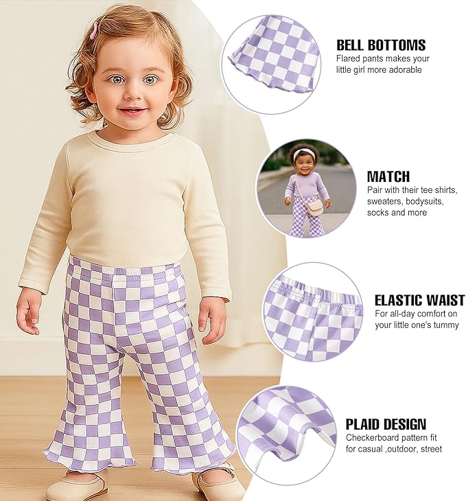 SOBOWO Checkered Baby Girl Flare Pants 3 Pack Toddler Bell Bottoms Plaid Ruffle Leggings Pants Fall Winter Outfits Size 6M-4T