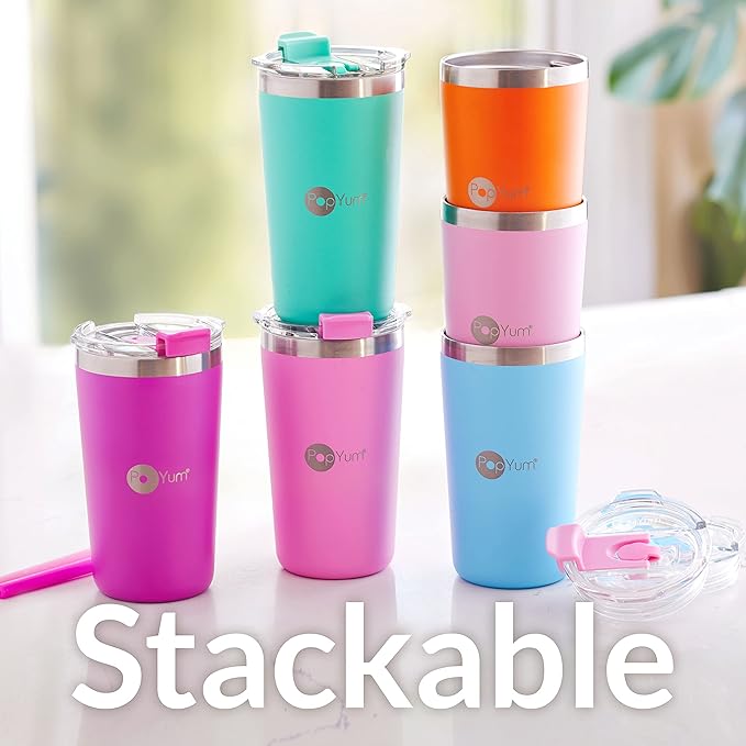 PopYum 13oz Insulated Stainless Steel Kids’ Cups with Lid and Straw, 2-Pack, Blue, Green, stackable, sippy, baby, child, toddler, tumbler, double wall, vacuum, leak proof