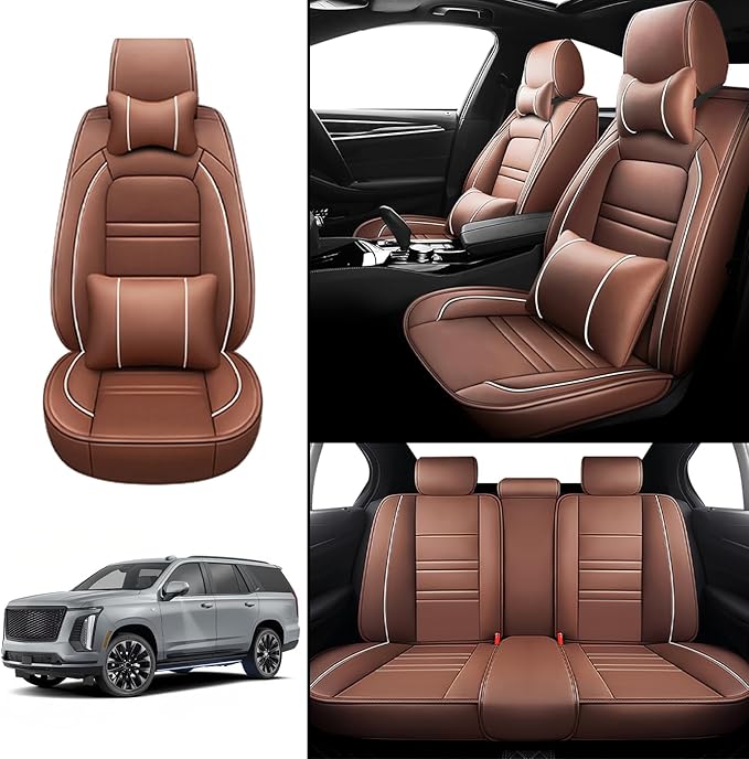 Car Seat Covers for Cadillac Escalade 2000-2025 | 5-Seats Seat Covers, Waterproof Seat Protectors, Automotive Seat Covers (Full Set with Pillow,Coffee)