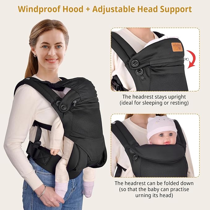 Baby Carrier Newborn to Toddler, Ergonomic Safe Soft Breathable Infant Carrier with Adjustable Head Neck Support - Outdoor Kangaroo Front & Back Carry Baby Carriers for Baby 8-40lbs (Black)