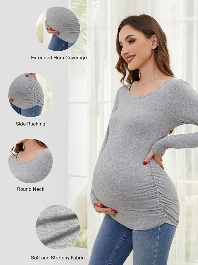 Ecavus Women's Maternity Shirts Long Sleeve Soft Stretchy Pregnancy Tops Side Ruched Casual Mama Clothes