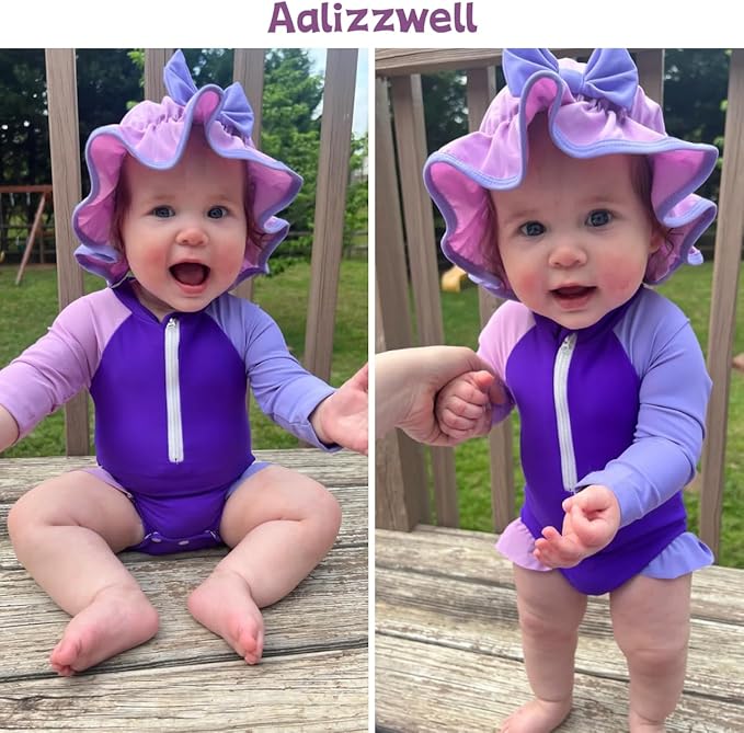 Aalizzwell Baby Girls Long Sleeve One Piece Swimsuit with Hat