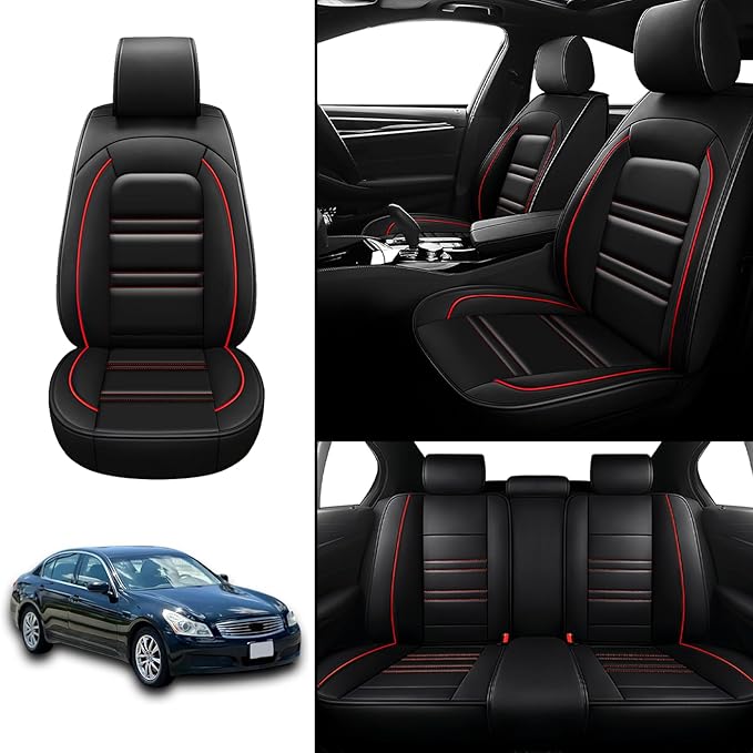 Seat Covers for Infiniti g35 2003-2008 | 5-Seats Leather Seat Covers, Easy to Install Automotive Seat Covers Full Set (Full Set, Black&Red Line)