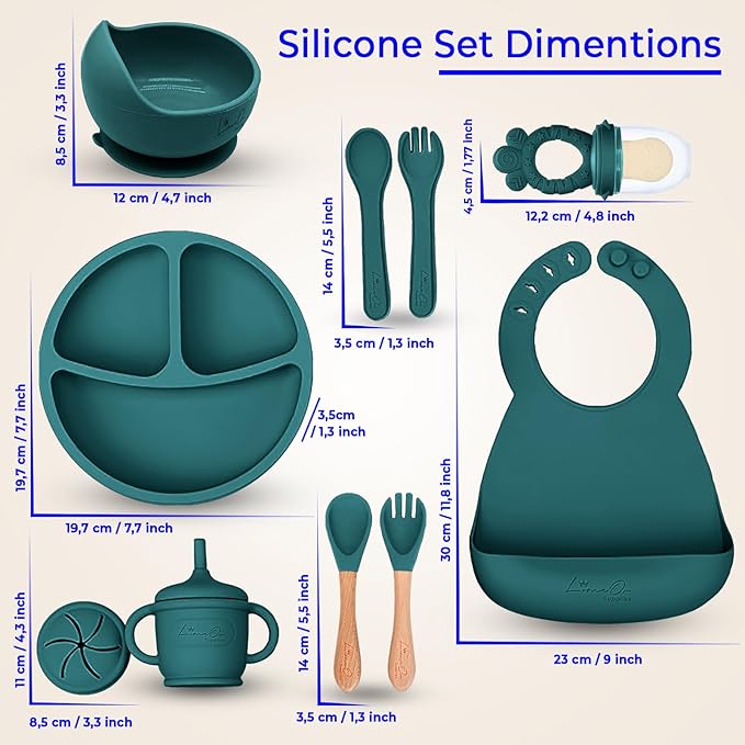 Silicone Baby Feeding Set – 10 Pcs Baby Led Weaning Supplies & Self Feeding Kit | Toddler Plates and Bowls Set, Bib, Fruit Feeder, Cup, Spoons & Forks – Empower Independence with LimeOr -Green Spruce