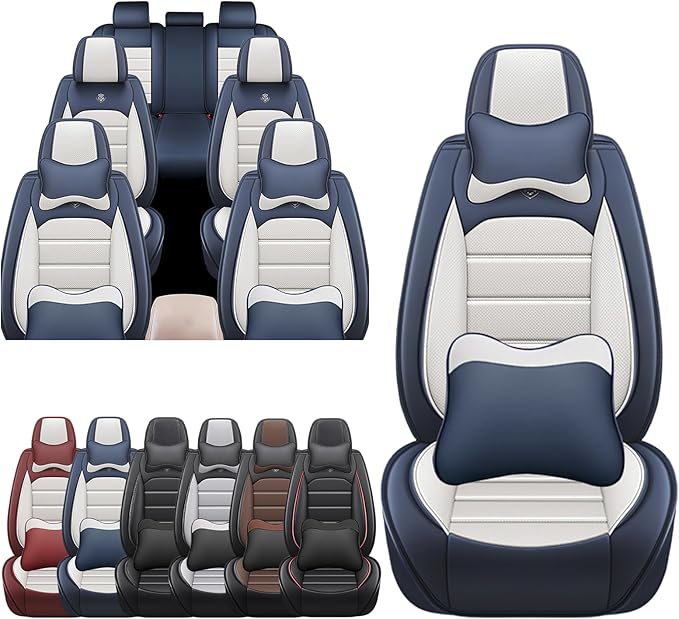 JOJ Car Seat Cover Fit for Toyota Highlander 2001-2025,7 Seat Car Seat Cover,No-Slip Waterproof Breathable Faux Leather Automotive Seat Covers Auto Interior Covers,Full Set with Pillow,Cream Blue