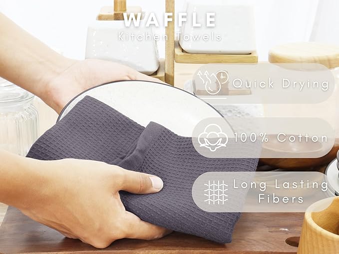 PurpleEssences Waffle Weave Kitchen Towel, 100% Cotton - 15 x 25 Inches, with Hanging Loop Ultra Soft Absorbent Quick Drying Dish Cloth, Tea and Hand Towels, 4 Pack - Fall Thanksgiving - Dark Grey