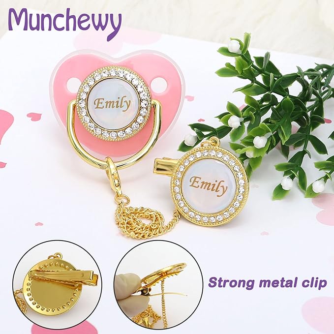 Personalized Pacifier with Name, Bling Gold Pacifier Clip Set with Gift Box Greeting Card, Glitter Crystal Luxurious Dummy Ideal Gift for Girl Baby Shower Newborn Photography(Pink)