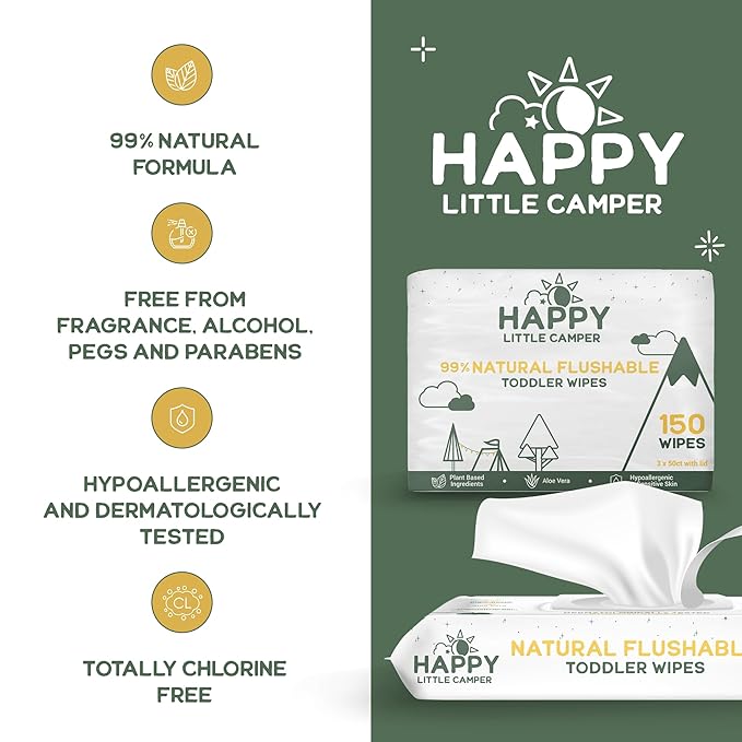 Happy Little Camper Ultra-Absorbent Super Saver Baby Diapers Size 2 - Hypoallergenic, Unscented & Chlorine-Free Disposable Diapers (200 Count) Come with Flushable Wipes (200 Count) for Sensitive Skin
