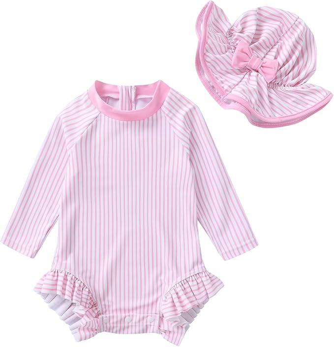 Infant Baby Girl Swimsuit One-Piece Long Sleeve Rash Guard with Hat Set Floral Zipper Bathing Suit Leopard Beach Wear