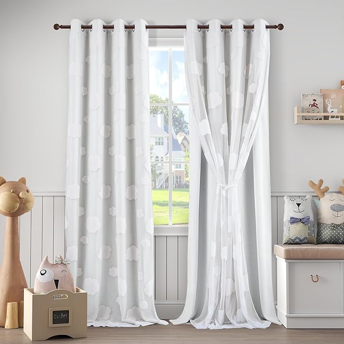 White Light Blocking Curtains for Bedroom with Sheer Overlay 95 Inch Double Layer Kids Room Decor Drapes Grommet Nursery Curtains 2 Panels Set 52 x 95 Inch