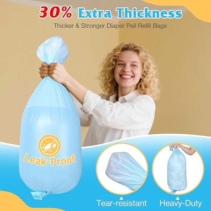 5 Pack Diaper Pail Refill Bags Compatible with Dekor Classic Diaper Pail, 40% Extra Length Refills Holds up to 3200 Diapers, Thickened Multi-layer Odor Control (Baby Scent)