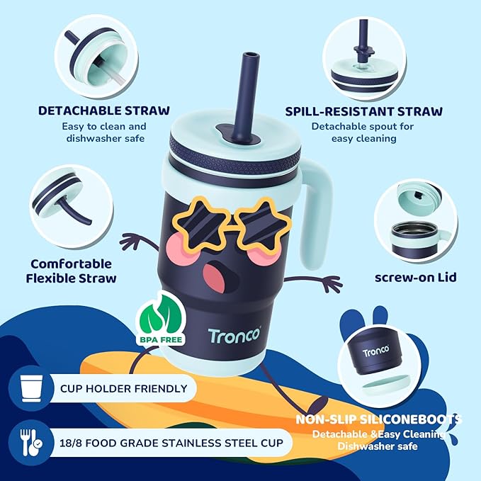 Tronco 14 oz Kids Insulated Tumbler with Handle & Spill Resistant Flexible Straw, BPA-Free Stainless Steel Toddler Cups with Lids, Splash-Proof Kid Drinking Cup Travel Mugs, Easy to Clean