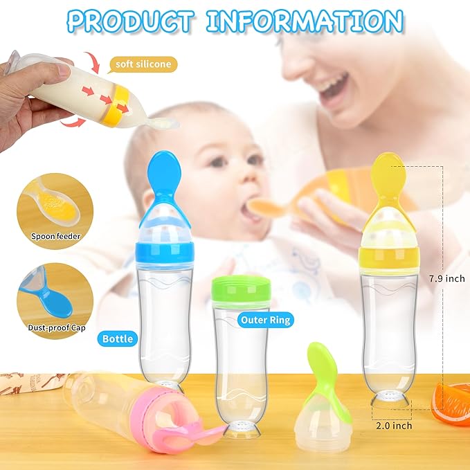 WAJIAYON Baby Food Feeder 3 Pack Silicone Baby Food Dispensing Spoon with Standing Base for Infant- 3 oz Squeeze Feeding Spoons with Suction Cup for Boys Girl Kids Toddlers - Self Feeding Bottle Spoon