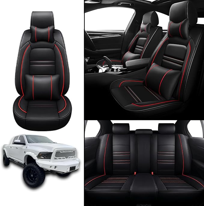 Car Seat Covers for Dodge ram 2500 2004-2011 | 5-Seats Seat Covers, Waterproof Seat Protectors, Automotive Seat Covers (Full Set with Pillow,Black&Red Line)