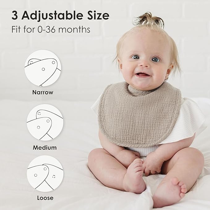 8-Pack Baby Muslin Bibs, Soft Cotton Drool Bibs for Boys Girls, Adjustable and Absorbent Newborn Bib Set for Feeding and Drooling