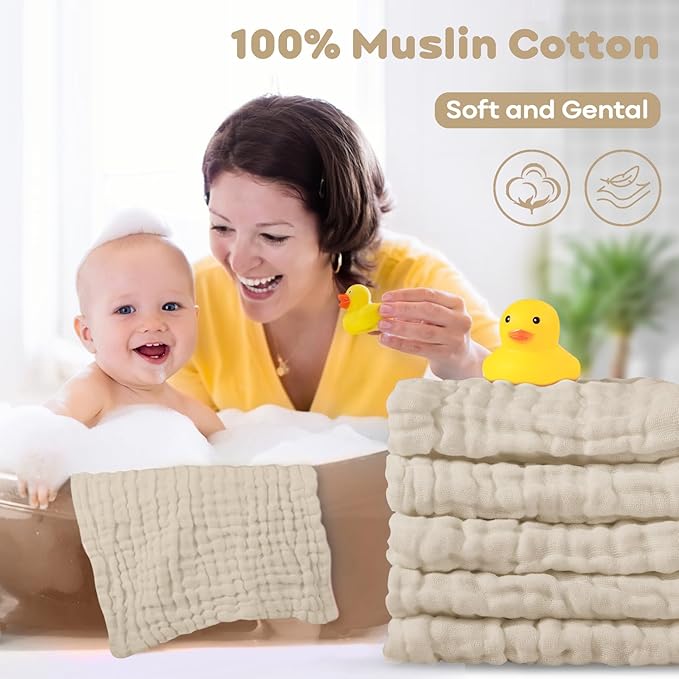 Yoofoss Muslin Baby Washcloths 100% Cotton Face Towels 10 Pack Wash Cloths for Baby 12x12in Soft and Absorbent Baby Wipes (Apricot)