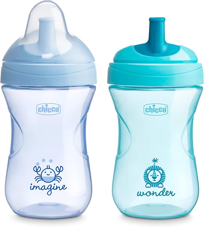 Chicco Sport Spout Trainer with Semi-Firm, Bite-Resistant Spout and Spill-Free Lid 9oz. | Top-Rack Dishwasher Safe | Easy to Hold with Ergonomic Indents | Pale Blue/Teal, 2pk | 9+ months