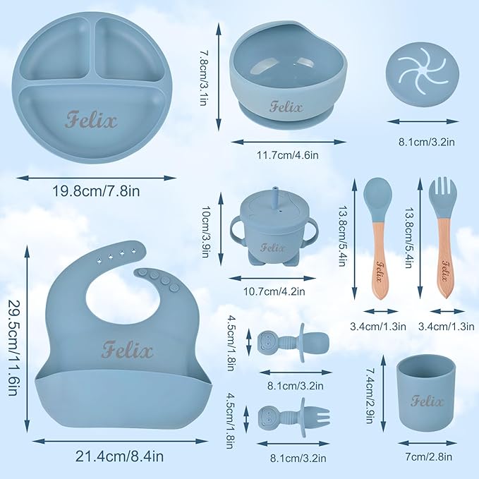 Personalized Silicone Baby Feeding Set with Name, Customized Baby Led Weaning Supplies Self Feeding Eating Utensils with Spoon, Fork, Silicone Suction Bowls, Cup, Plate Dusty Blue