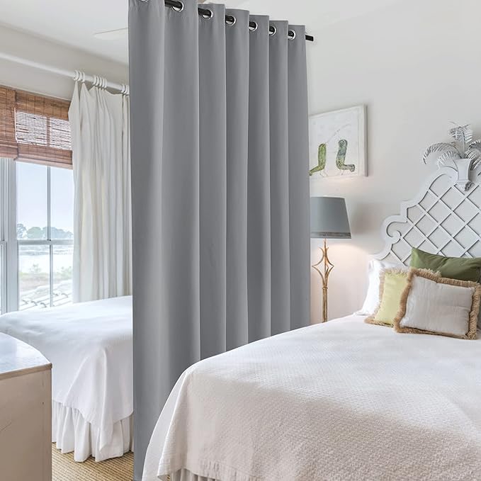 RYB HOME Blackout Room Divider Curtains Screen Partitions Energy Saving Noise Reducing Drapes Privacy Wall for Living Room Patio Doorway Church Stage, W120 x L108 inches, Sliver Grey, 1 Pc