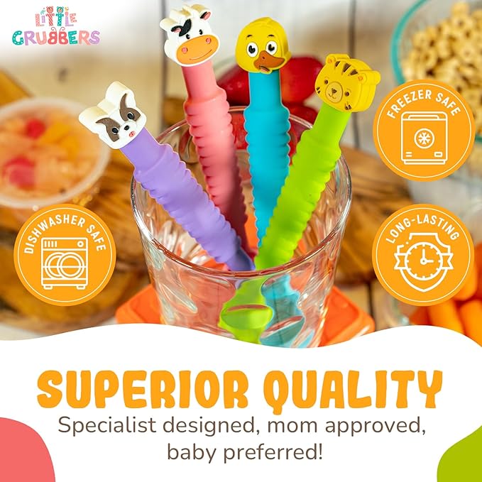 3-in-1 Silicone Baby Spoon Self Feeding 6+ Months - Pediatric OT Designed Teether Spoon, BPA Free Toddler Utensils, Mess-Free, Fun for Baby Led Weaning Supplies, Dog & Duck